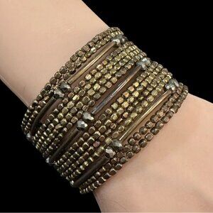 Gold & Bronze Beaded Stretch Cuff Bracelet For Women